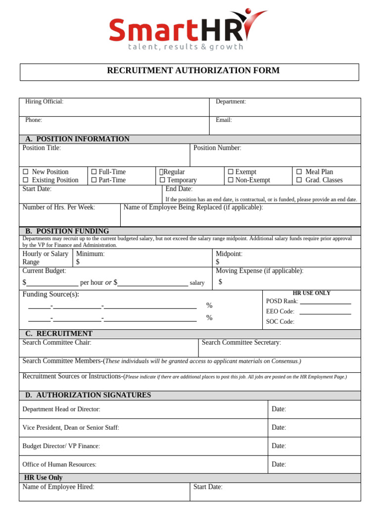 Recruitment Authorisation Form Template PDF Recruitment Salary