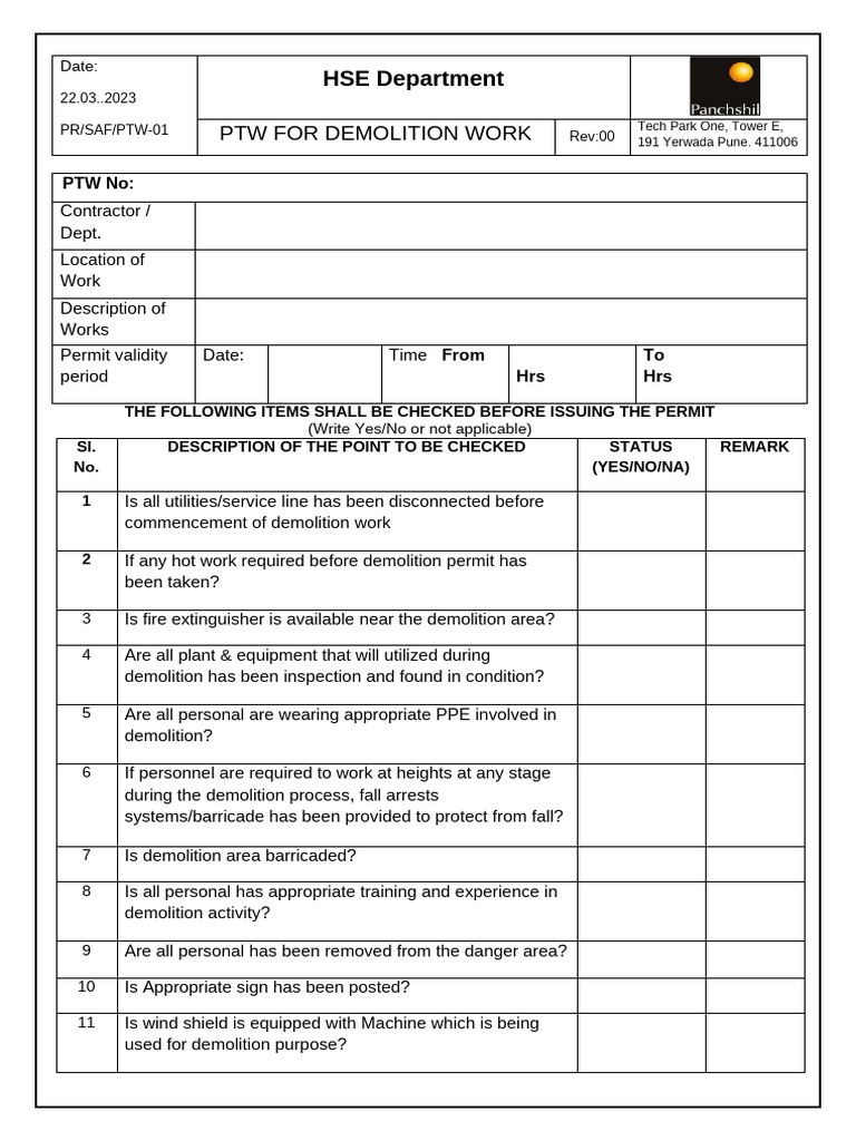 Demolition Work Permit Checklist | PDF | Demolition | Safety