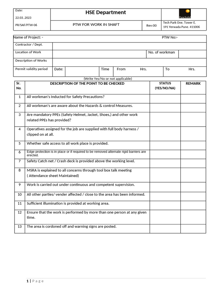 Shaft Work Permit Checklist | PDF | Safety | Occupational Safety And Health