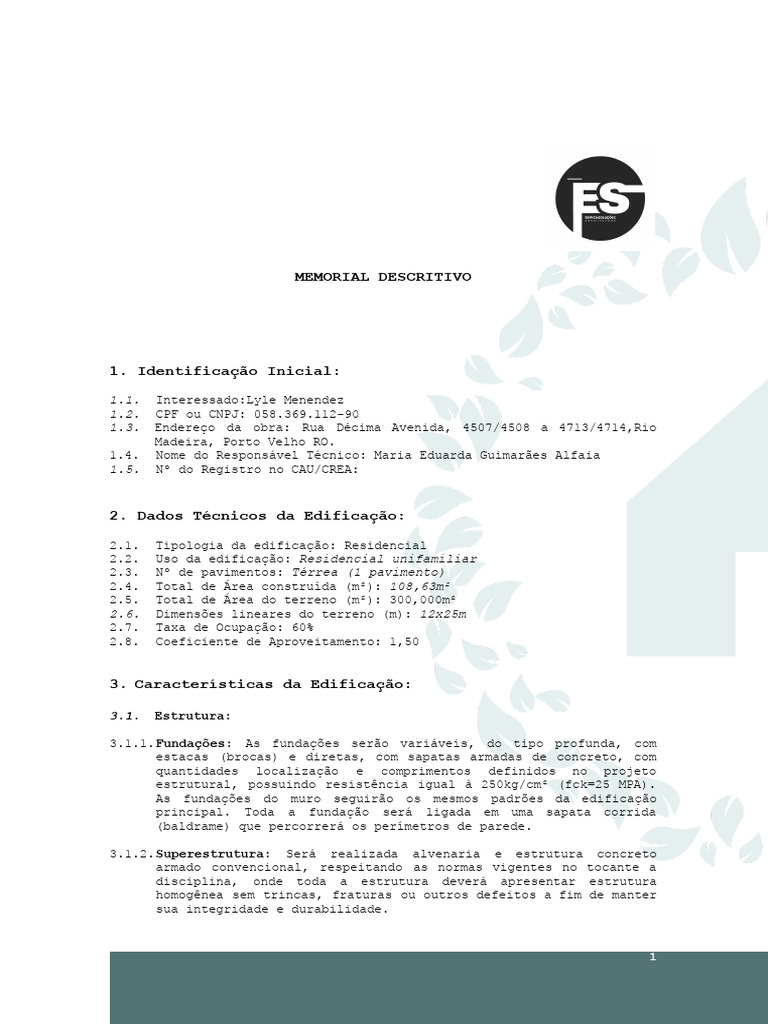 Memorial Descritivo de Edificação Residencial | PDF | Argamassa ...