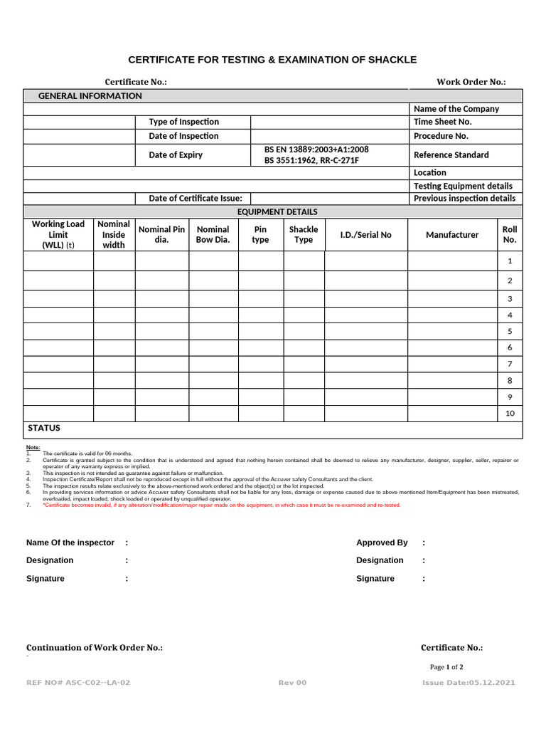 Shackle Inspection Certificate Document | PDF