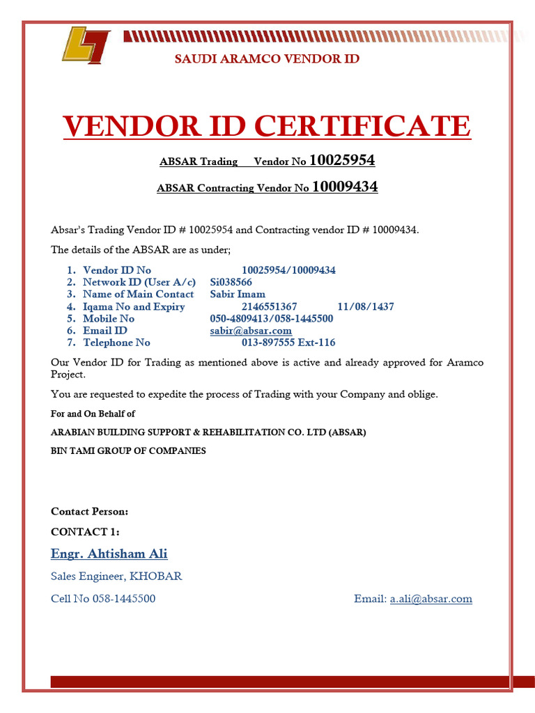 Aramco Vendor ID Certificate for ABSAR | PDF