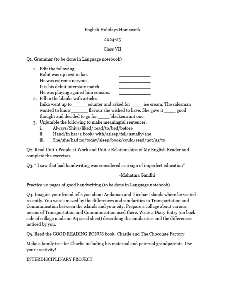 Class VII English Holidays Homework 2024-25 | PDF