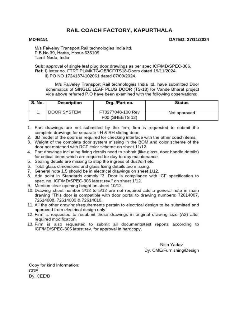 Approval Request for Vande Bharat Door Drawings | PDF