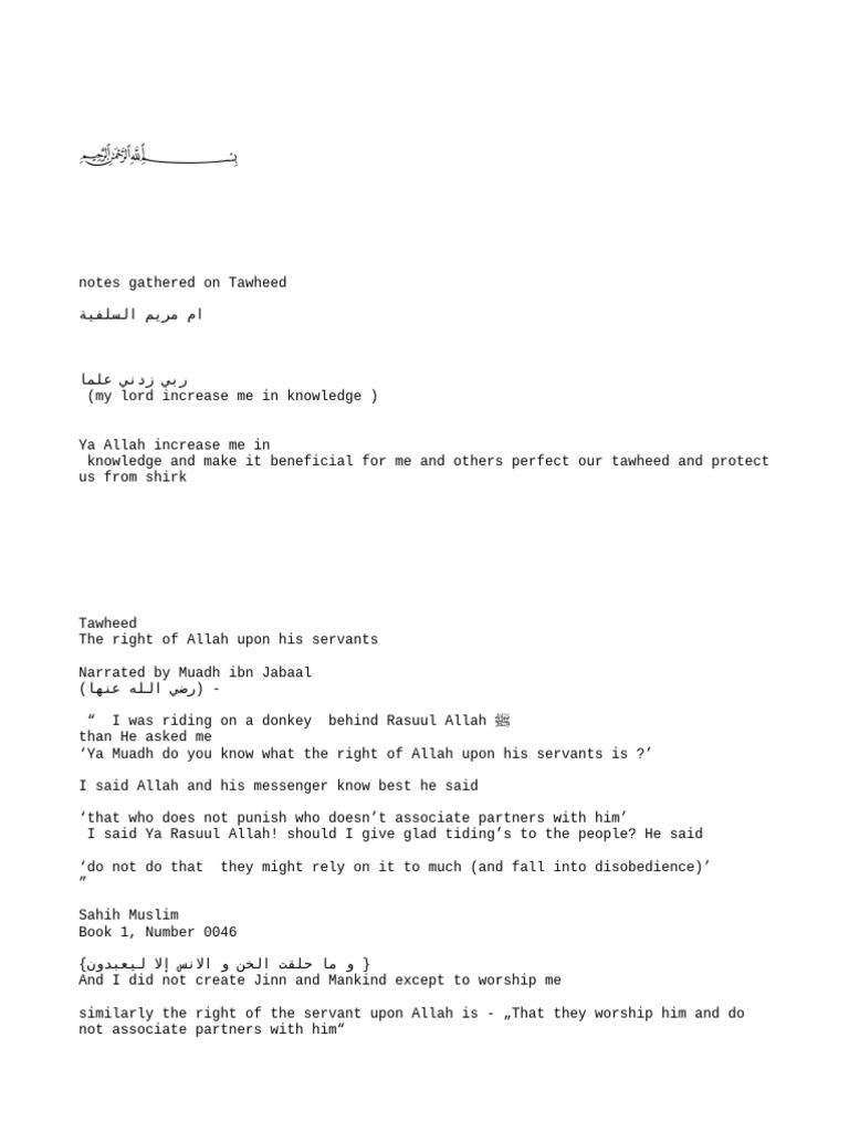Notes On Tawheed | PDF | God In Islam | Tawhid