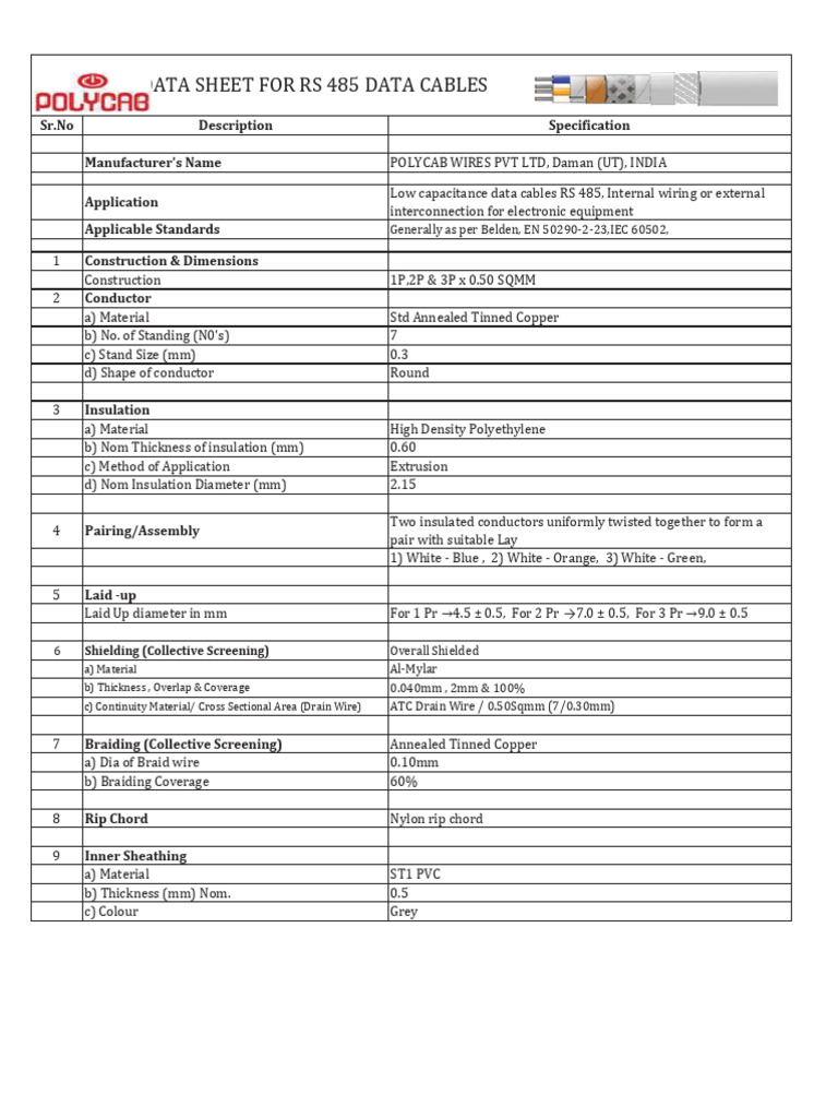 RS-485 Cable Technical Data Sheet | PDF | Electrical Conductor | Wire