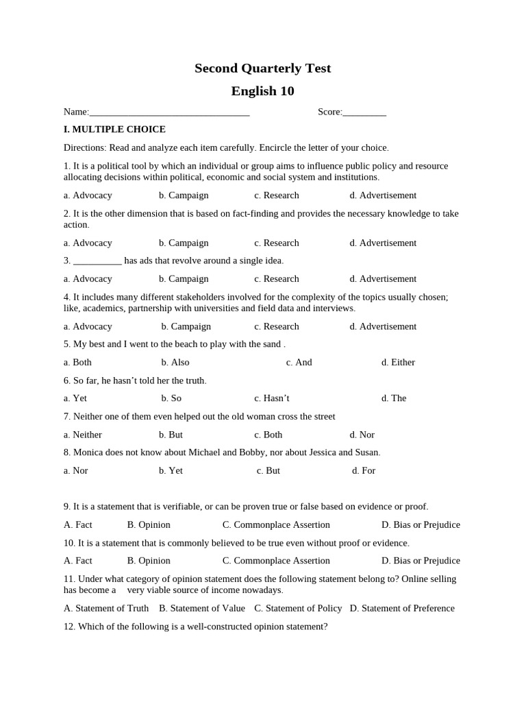 English 10 Quarterly Test Questions | PDF | Cognition | Human Communication