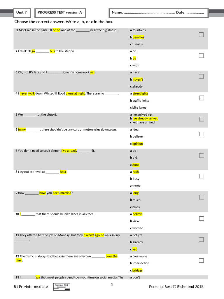 PB AmE B1 Unit Test U7 Version A | PDF | Traffic | Transport