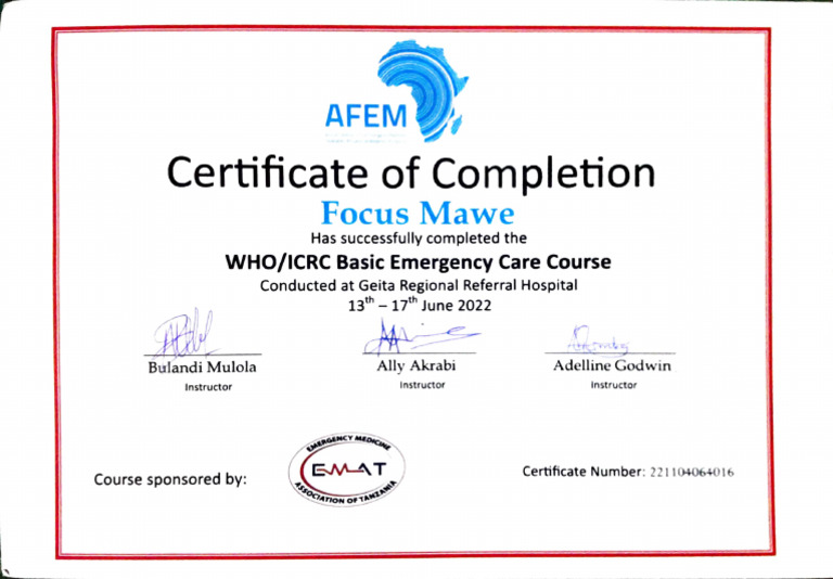 WHO/ICRC Basic Emergency Care Course Certificate | PDF