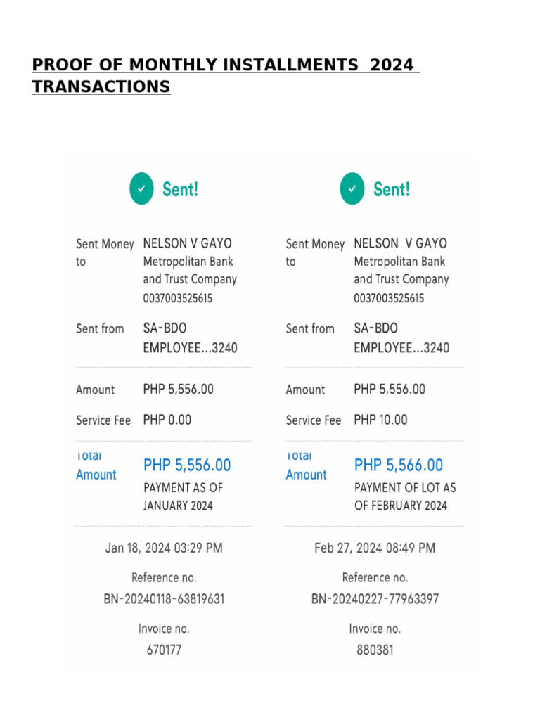 Proof of Monthly Installments 2024 Transactions | PDF