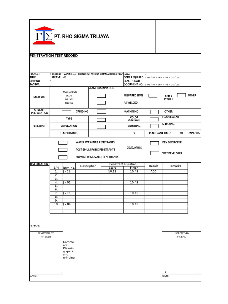 Dye Penetration Test Record for Boiler | PDF | Applied And ...