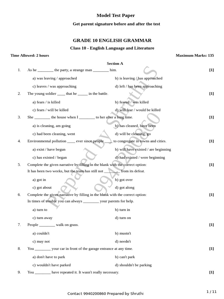 Grade 10 English Grammar Test Paper | PDF