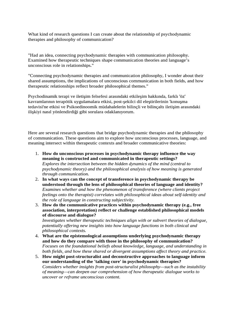 Psychodynamic Therapy & Communication Philosophy | PDF | Psychotherapy ...