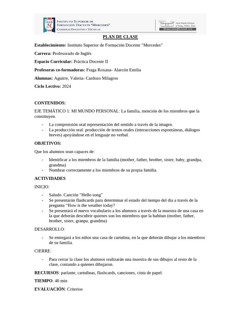 PLAN de CLASE Primer Grado Aguirre Valeria Cardozo Milagros 1 | PDF