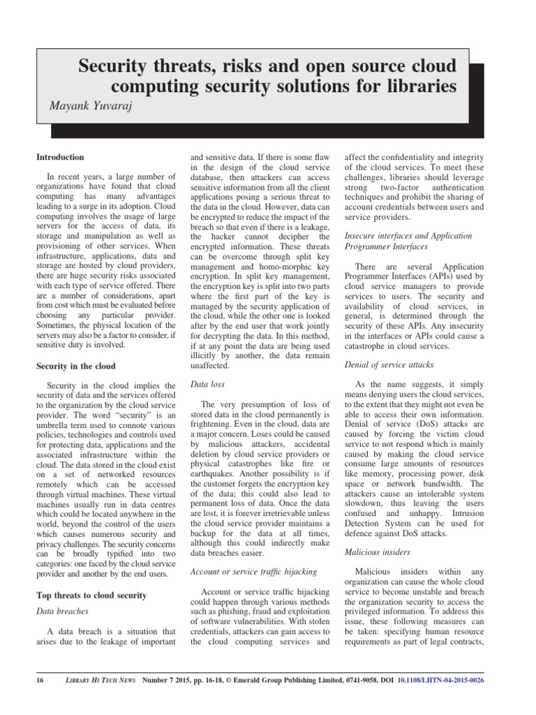 Cloud Security Risks for Libraries | PDF
