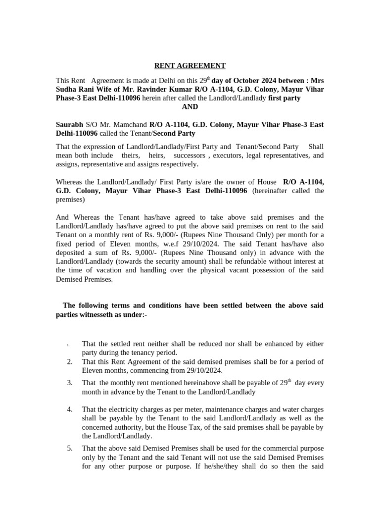 Format - Rent Agreement 10.10.2019 | PDF | Leasehold Estate | Landlord
