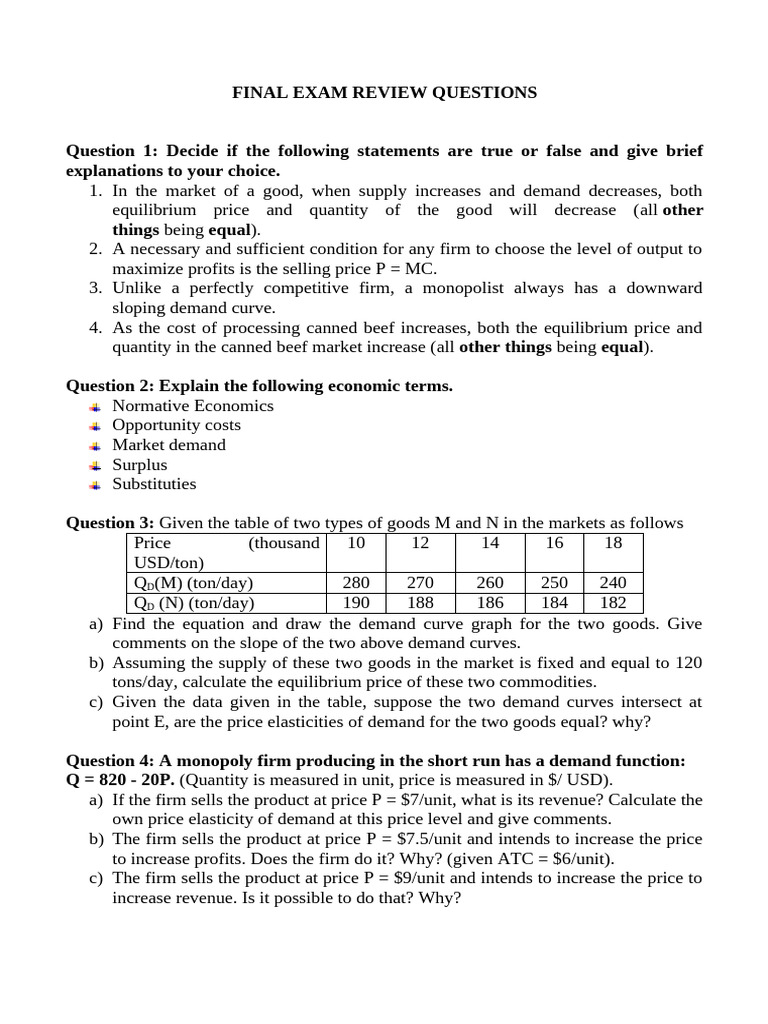 Final Review Exam Question in Microeconomics - Eng 5-2024 | PDF