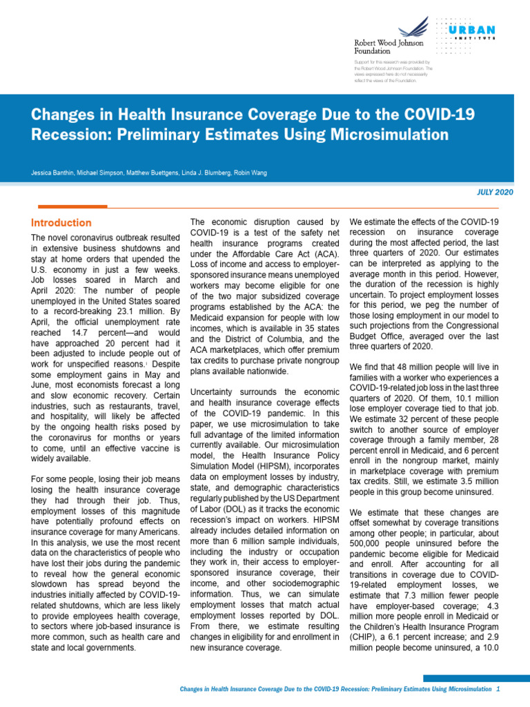 COVID-19's Impact on Health Insurance Coverage | PDF | Medicaid ...
