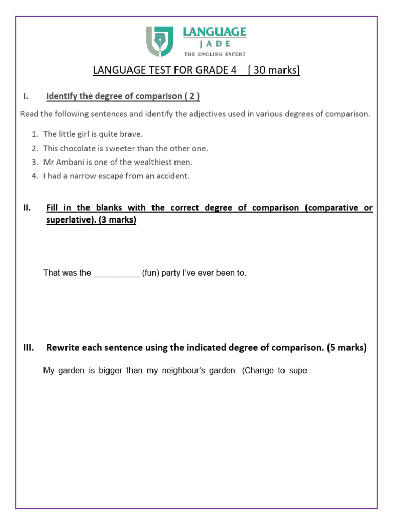 Language Test For Grade 4 - Anushka | PDF