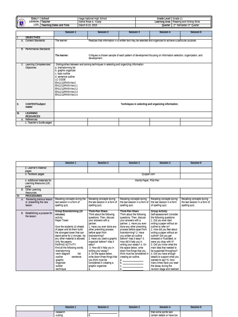 Grade 11 Reading & Writing Lesson Plan | PDF | Brainstorming | Hierarchy