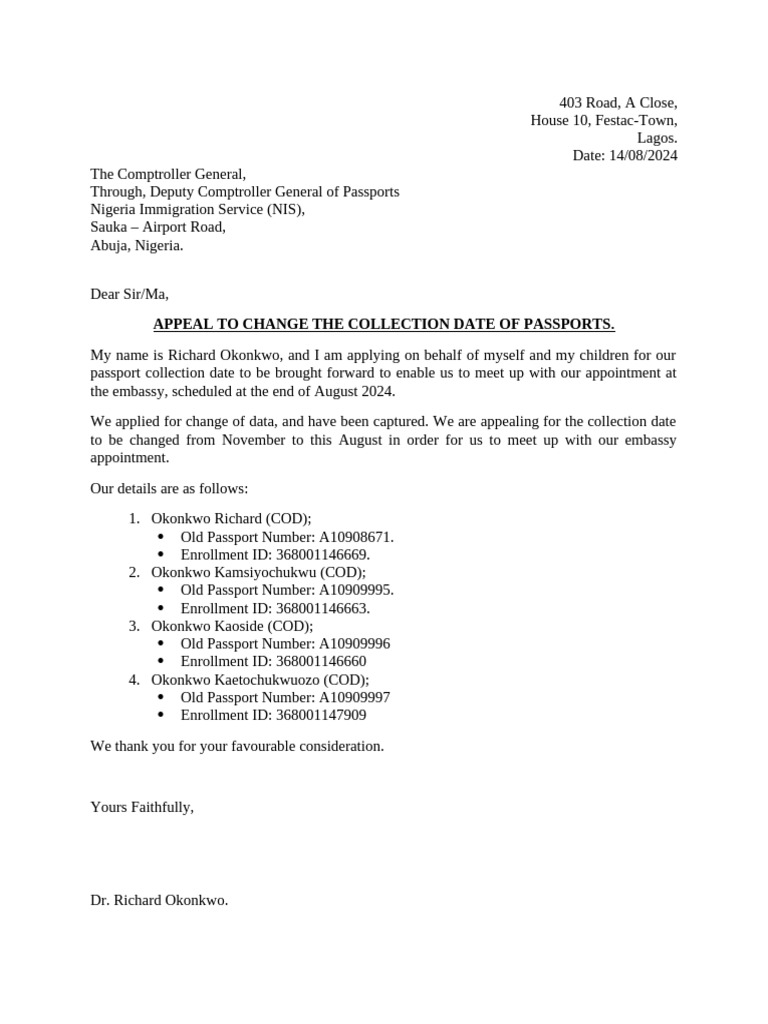Appeal to Change Passport Collection Date | PDF