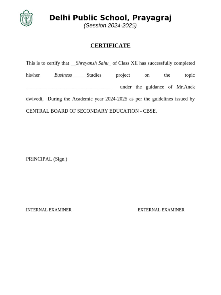 Class XII Business Studies Project Certificate | PDF