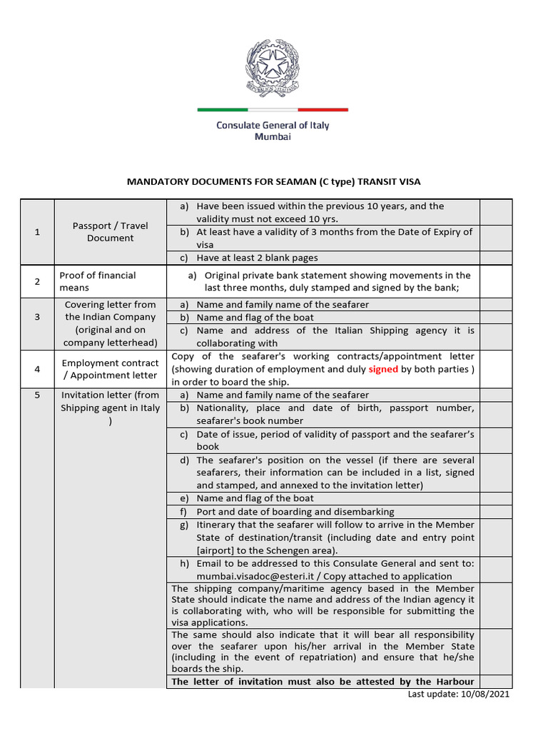 Requisite Documents For Seaman C Type Visa Sep 2021 | PDF | Travel Visa ...