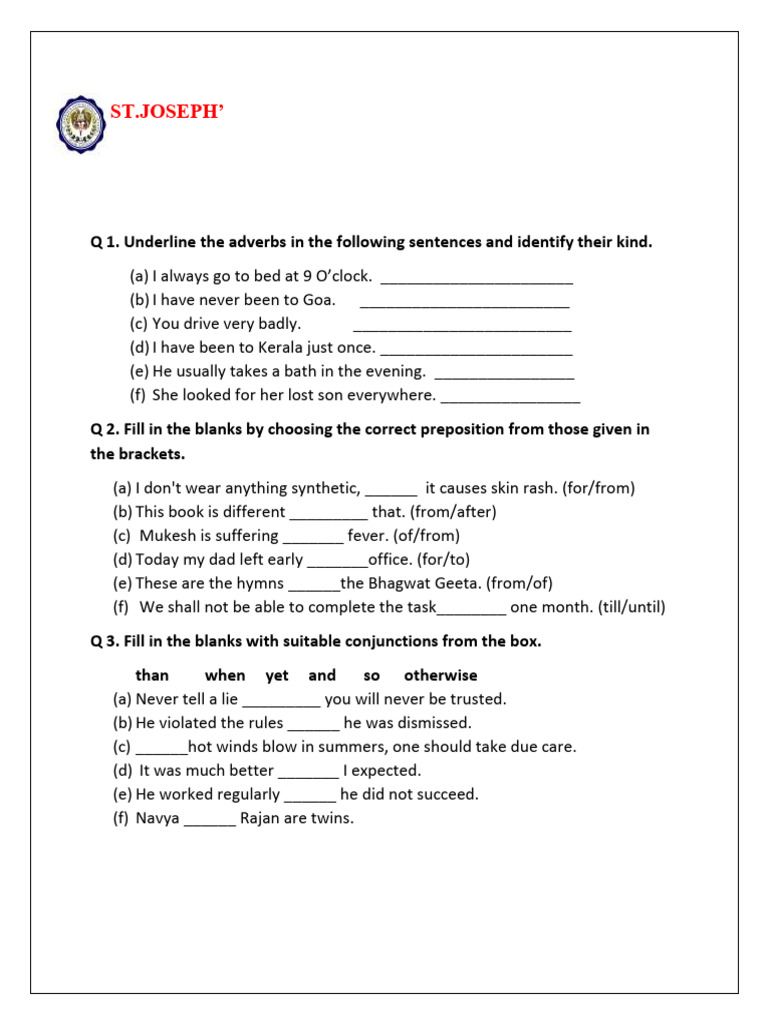 Class VI English Grammar Worksheet | PDF