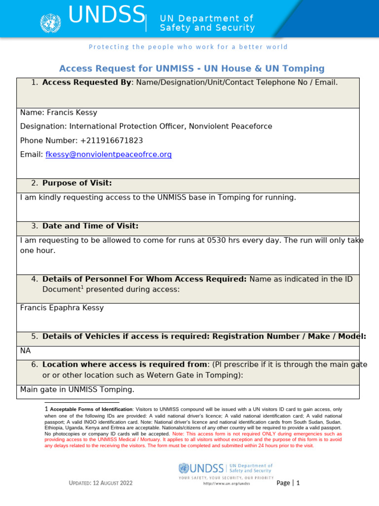 UNMISS Access Request Form for Running | PDF | Identity Document ...