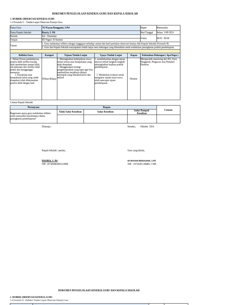 Form Observasi Kinerja Guru Ni Wayan Rengganis Form C Dan D | PDF