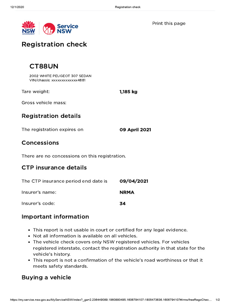 NSW Vehicle Registration Check Report | PDF | Motor Vehicle | Transport