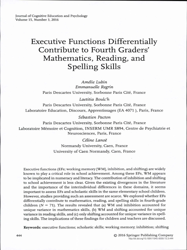 Executive Functions in Fourth Graders' Skills | PDF | Wechsler Adult ...