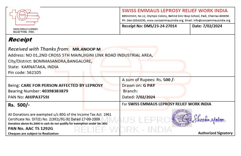 Donation Receipt for Leprosy Care | PDF