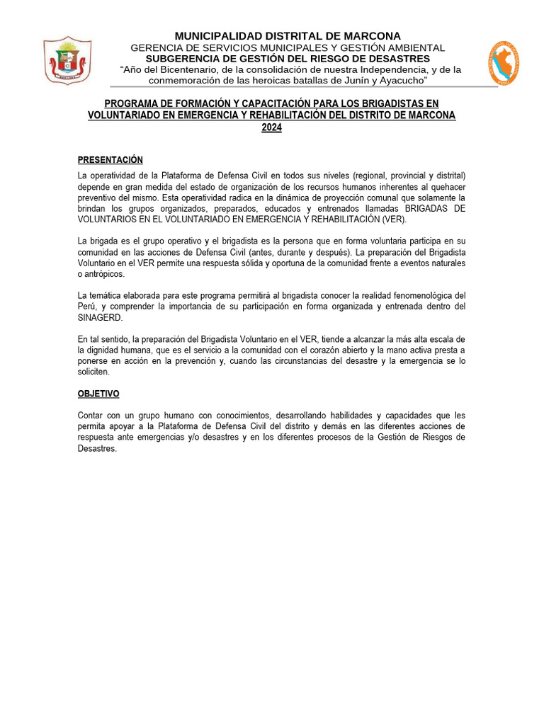 Programa de Formación y Capacitación Brigadistas MD Marcona | PDF ...