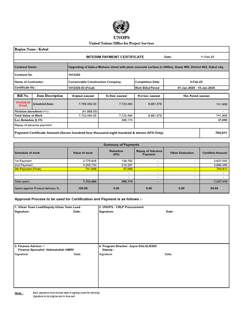 Interim Payment Certificate for Kabul Project | PDF