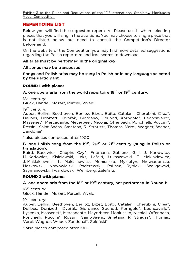 Moniuszko Competition Repertoire Guide | PDF | Opera | Camille Saint Saëns