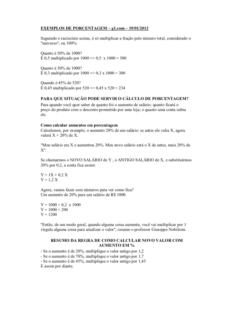 Exemplos e Cálculos de Porcentagem | PDF