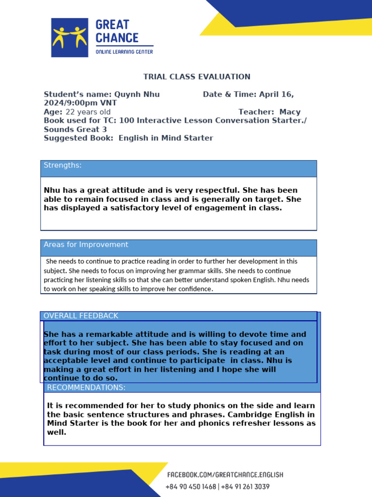 Trial-Class-Eval- QuynhNhu.April 16 | PDF