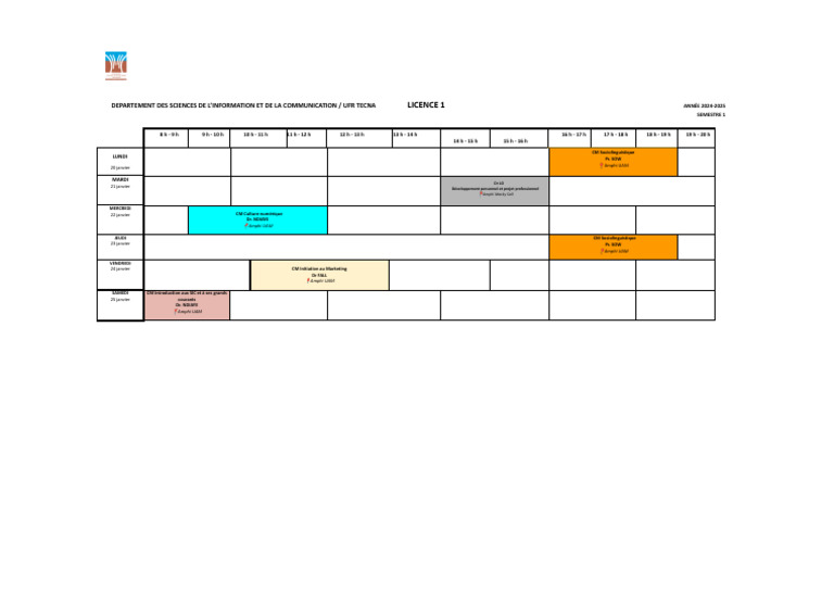 Emploi du temps Licence 1 S1 2024-2025 | PDF