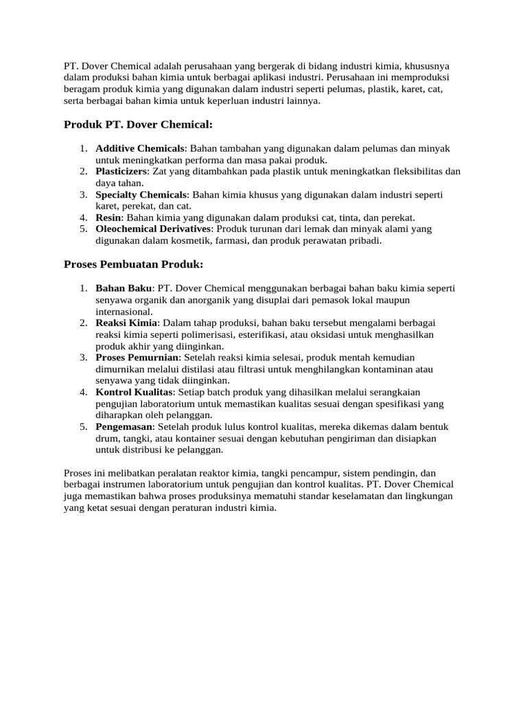 Produk dan Proses PT. Dover Chemical | PDF