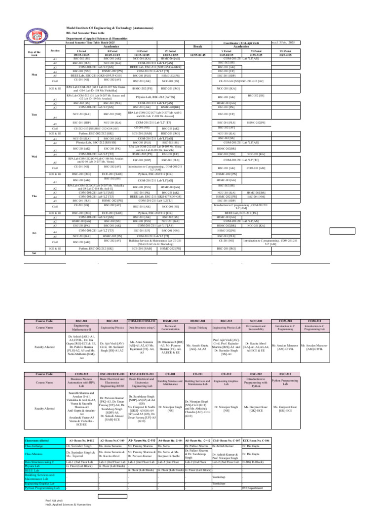 Be 2nd Semester Timetable 2025 Pdf