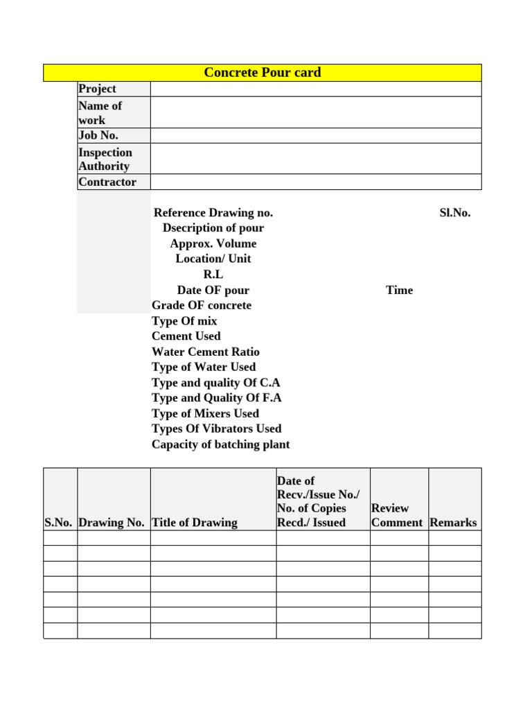 Concrete Pour Card Details | PDF