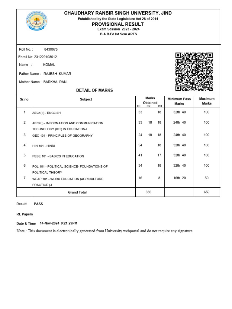Komal's Provisional Marksheet Results | PDF