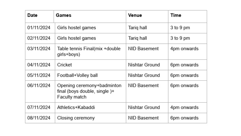 Girls Hostel Games Schedule 2024 | PDF