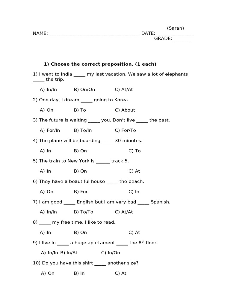 Preposition and Grammar Exercises | PDF | Languages | Foreign Language ...