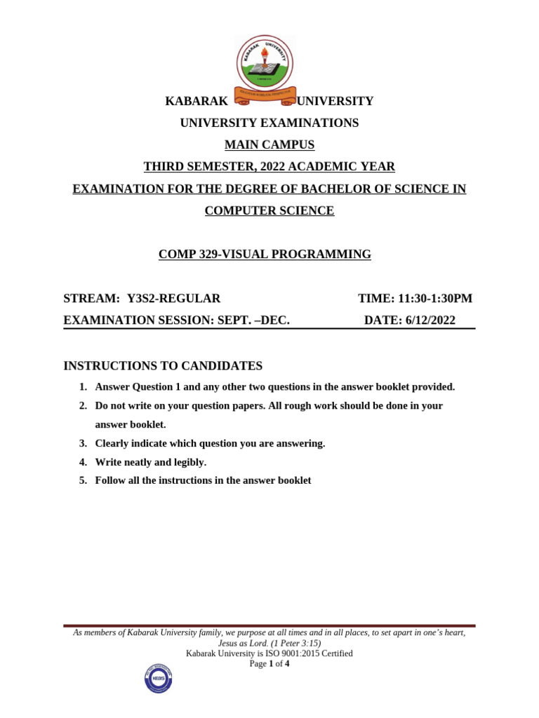 Kabarak University Visual Programming Exam | PDF