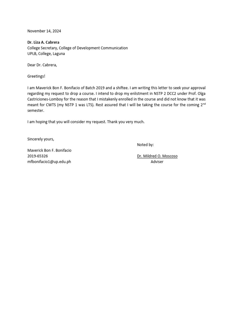 Request to Drop NSTP Course | PDF