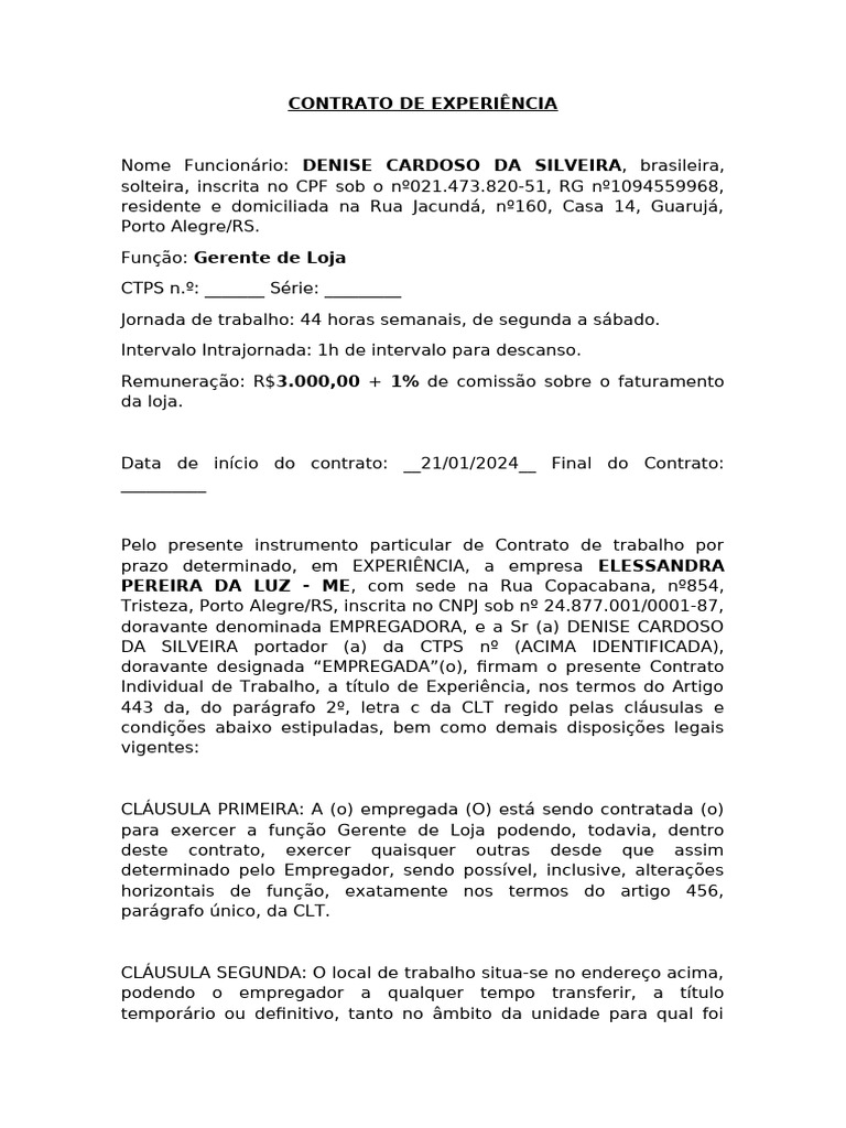 Contrato de Experiência | PDF | Direito Privado