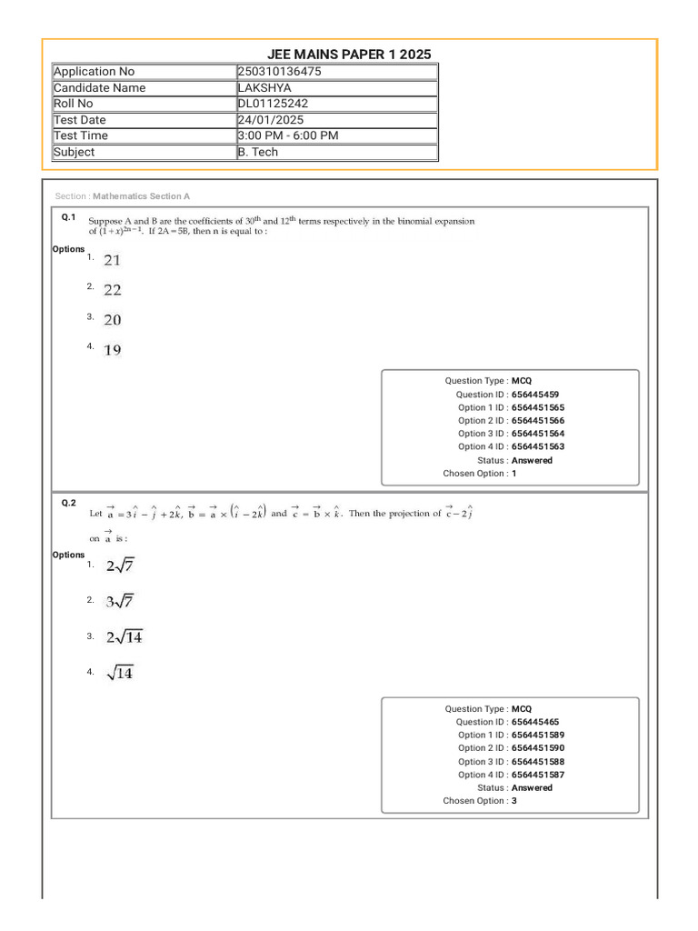 JEE Mains 2025 MCQ Answer Sheet | PDF | Multiple Choice | Science Education