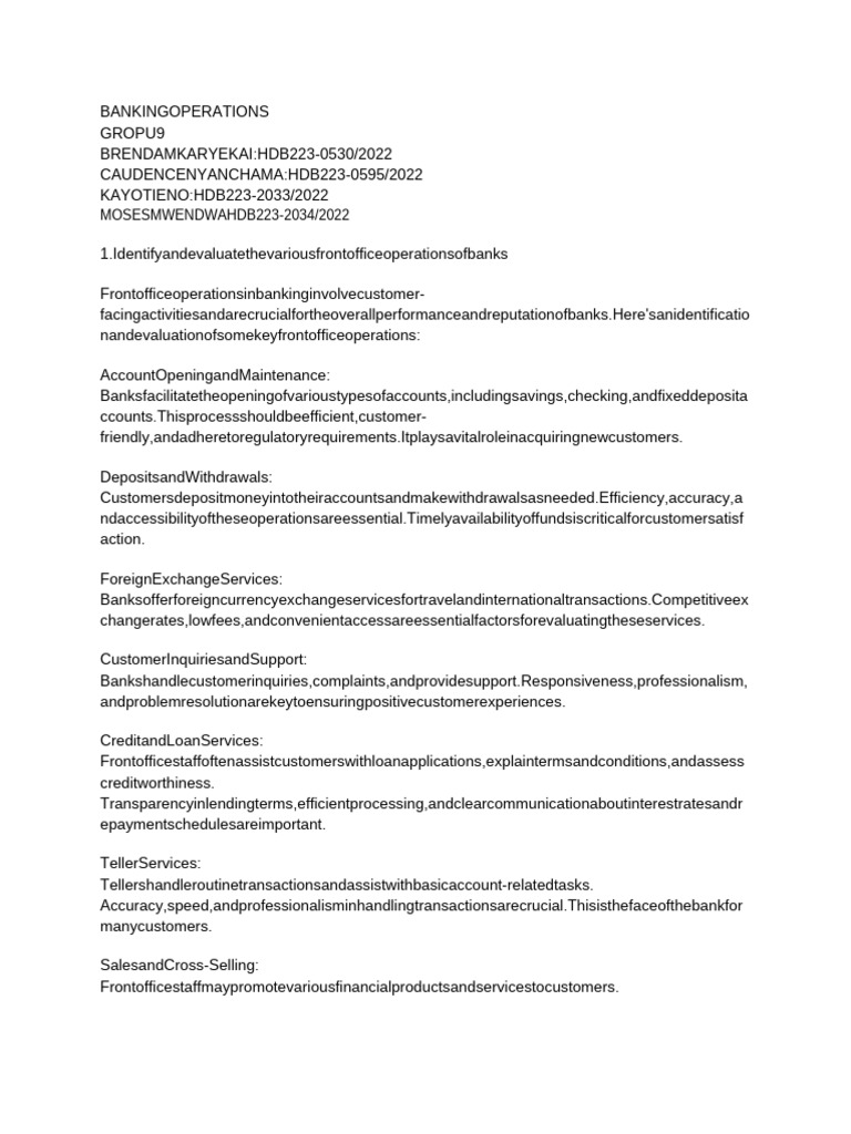 Front Office Banking Operations Overview | PDF | Banking | Demand For Money